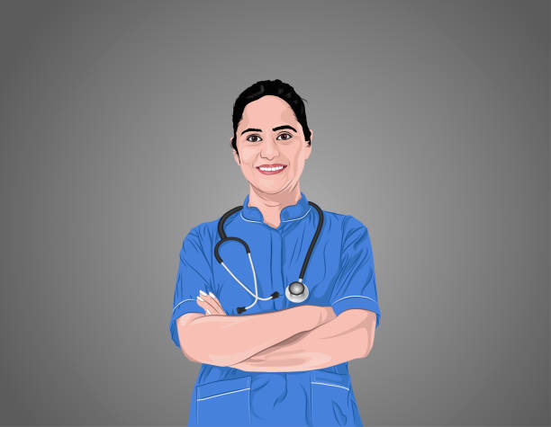 illustrazioni stock, clip art, cartoni animati e icone di tendenza di infermiera sicura di sé con le braccia incrociate - nurse standing white background beauty