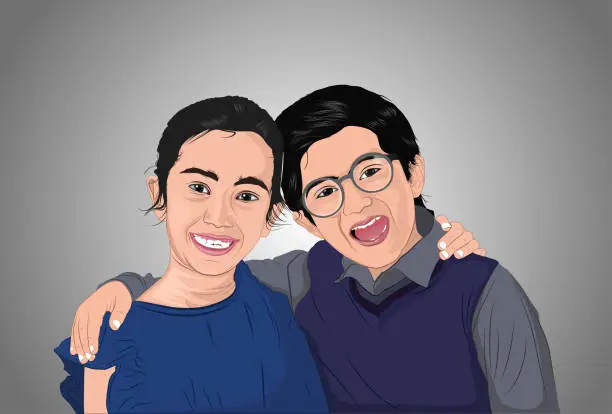Vector illustration of Excited brother and sister looking at camera over white background