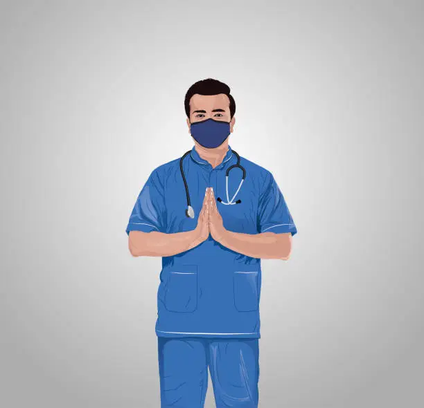 Vector illustration of Medical worker wearing face mask and greeting with namaste to prevent spread of virus