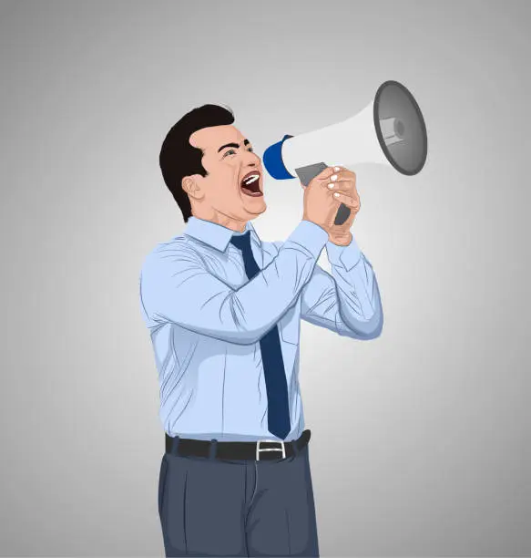 Vector illustration of Excited businessman screaming into megaphone