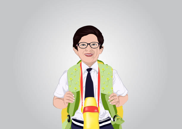 ilustrações de stock, clip art, desenhos animados e ícones de happy schoolboy over white background - pre adolescent child child white background asian ethnicity