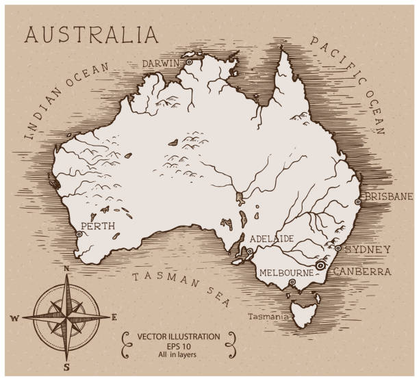 ilustraciones, imágenes clip art, dibujos animados e iconos de stock de mapa vintage de australia. - australia map