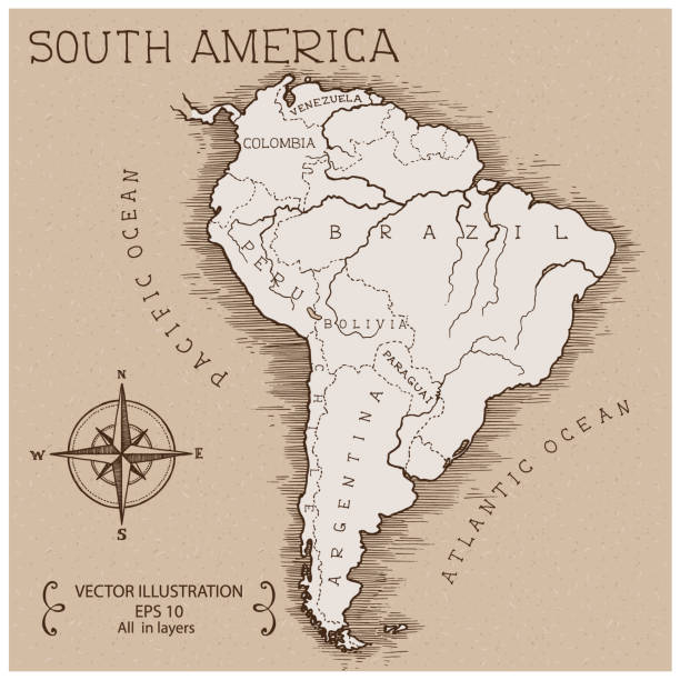 남미의 빈티지 지도 - compass drawing compass map cartography stock illustrations