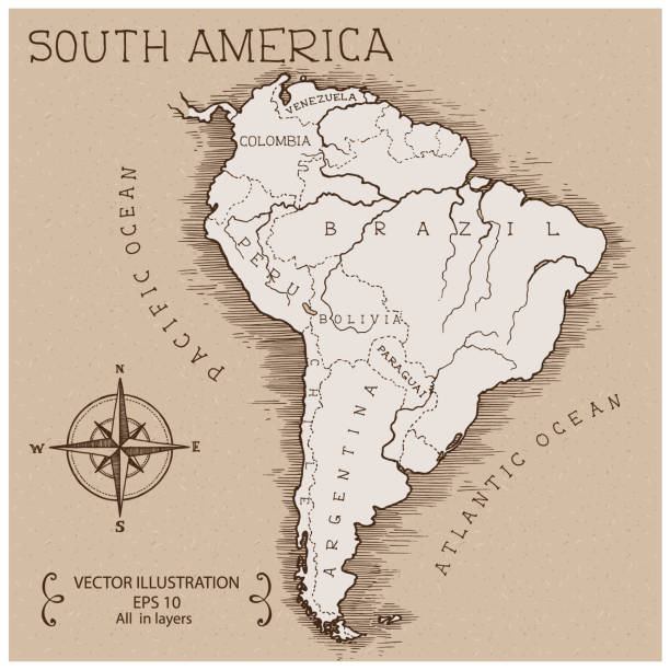 ilustrações, clipart, desenhos animados e ícones de mapa vintage da américa do sul - américa do sul