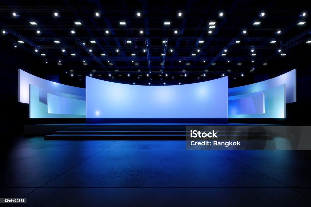 Empty stage Design for mockup and Corporate identity,Display.Platform elements in hall.Blank screen system for Graphic Resources.Scene event led night light staging,3D render. Stage - Performance Space Stock Photo