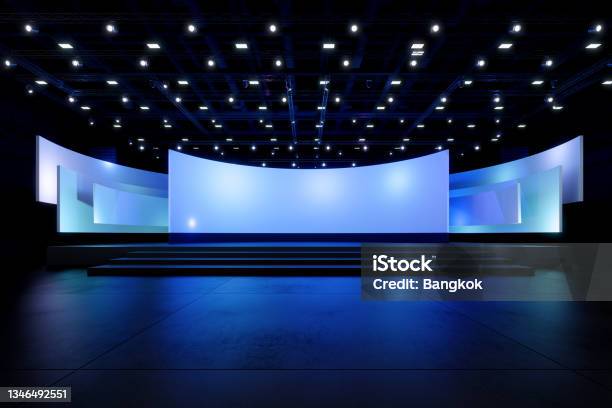 Empty Stage Design For Mockup And Corporate Identity Displayplatform Elements In Hallblank Screen System For Graphic Resourcesscene Event Led Night Light Staging 3d Render Stock Photo - Download Image Now