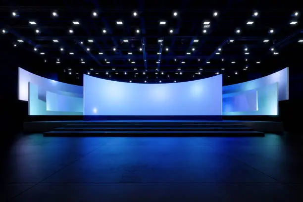 Photo of Empty stage Design for mockup and Corporate identity,Display.Platform elements in hall.Blank screen system for Graphic Resources.Scene event led night light staging,3D render.