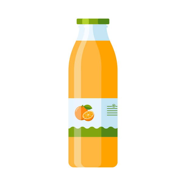 Glass Bottle of Orange Juice Glass Bottle of Orange Juice. Flat Style. Citrus drink icon for logo, menu, emblem, template, stickers, prints, food package design and decoration fruit juice stock illustrations