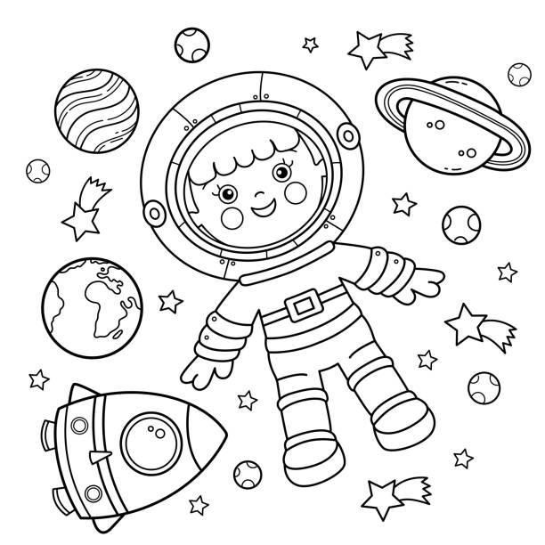 Coloring Page Outline Of a cartoon astronaut with rocket in space. Little spaceman or cosmonaut. Coloring book for kids. Coloring Page Outline Of a cartoon astronaut with rocket in space. Little spaceman or cosmonaut. Coloring book for kids. kids coloring pages stock illustrations