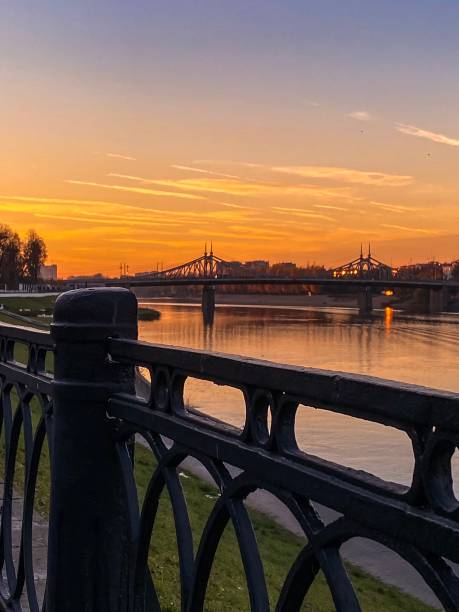istock Sunset over river Volga and old bridge 1346495324