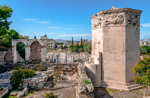 The ruins of the Roman Agora, located to the north of the Acropolis of Athens, in Greece. The Tower of the Winds, considered the world's first meteorological station, dominates the picture.