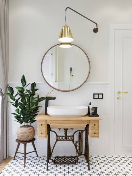 istock Bathroom interior. Washbasin on a sewing machine cabinet. 3D render. 1346497456