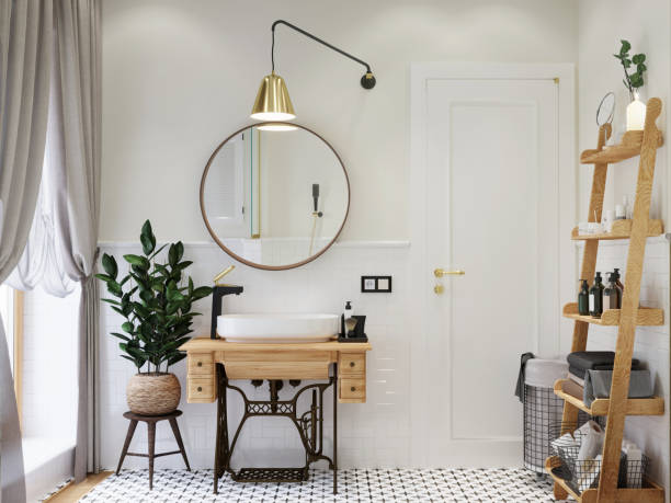 istock Bathroom interior. Washbasin on a sewing machine cabinet. 3D render. 1346497457