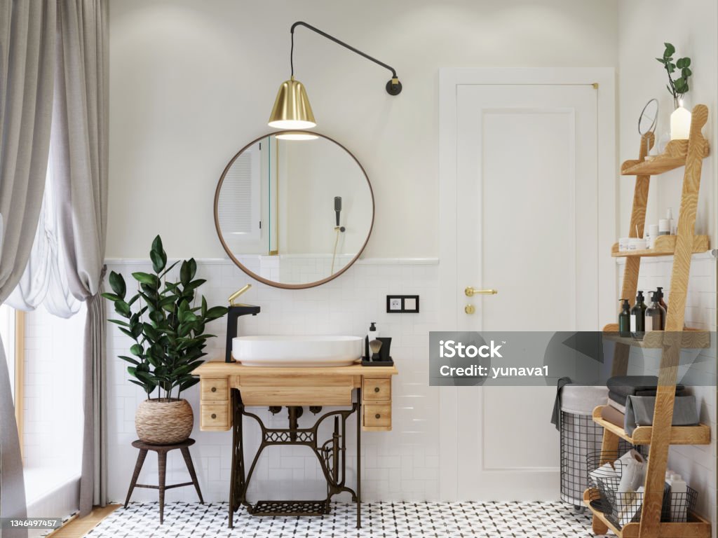 Bathroom interior. Washbasin on a sewing machine cabinet. 3D render. Bathroom Stock Photo Bathroom interior. Washbasin on a sewing machine cabinet. 3D render. Bathroom Stock Photo