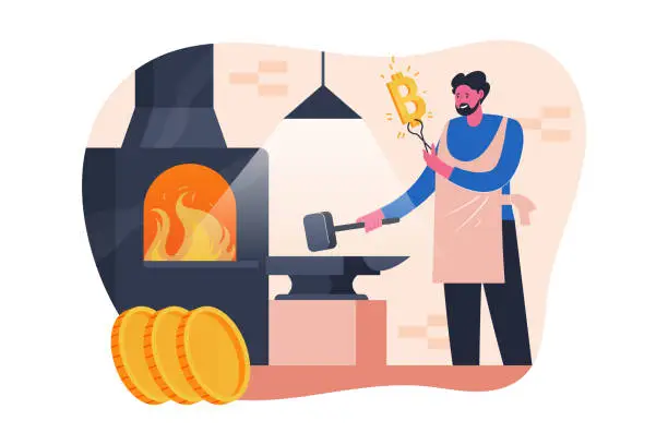 Vector illustration of Blacksmith Forging Bitcoin Currency Symbol Flat Vector Illustration