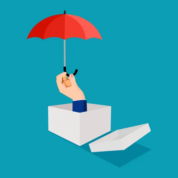 Vector illustration of Businessman thinking outside the box and holding an umbrella. business protection concept
