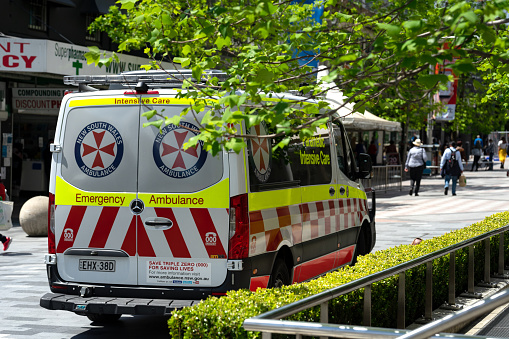 Sydney, Australia, October 14, 2021-Emergency Ambulance Vehicle arrived at the Hornsby Westfield area.