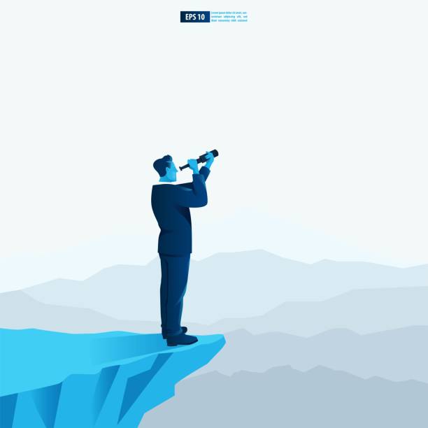 istock Businessman character looking through telescope on mountain seeing success vision with arrow up. Financial, Return on investment ROI chart increase profit vector illustration concept. 1346502515