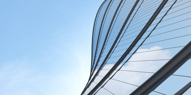 istock Low angle view of futuristic architecture, Skyscraper office building with cloud reflected on window, 3D rendering. 1346503639