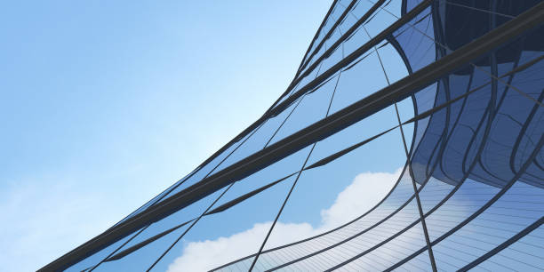istock Low angle view of futuristic architecture, Skyscraper office building with cloud reflected on window, 3D rendering. 1346503646