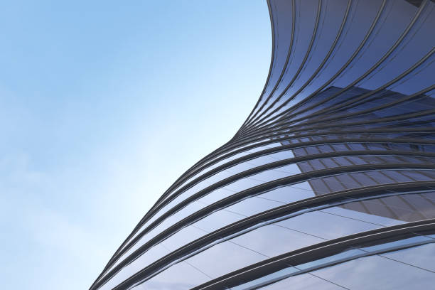 istock Low angle view of futuristic architecture, Skyscraper office building with cloud reflected on window, 3D rendering. 1346503661