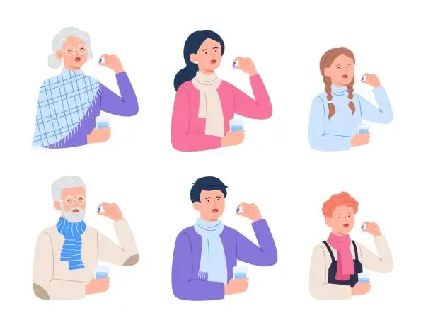 Vector illustration of People of different ages drink pills. Set of vector flat illustrations isolated on white background.