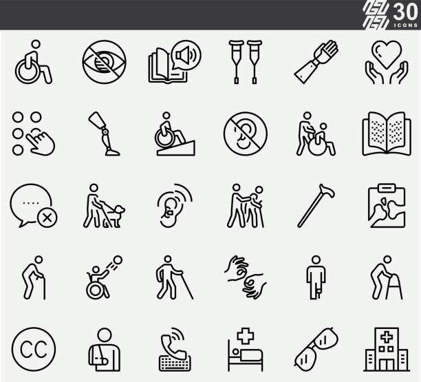 niepełnosprawność, ikony linii ada - upośledzenie fizyczne stock illustrations