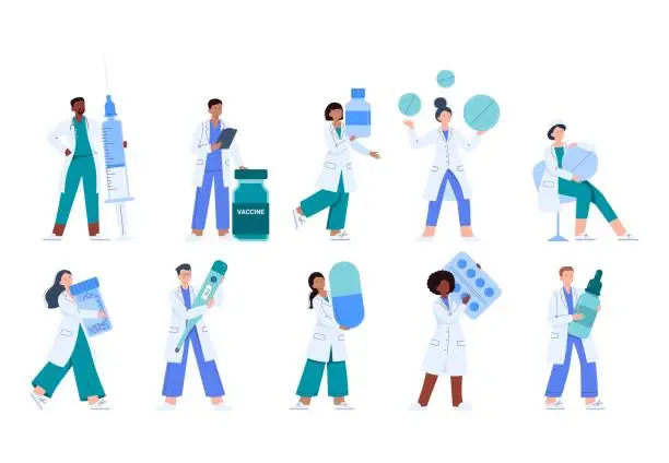 Vector illustration of Set of cartoon doctors with medicines. Vector flat illustrations isolated on white background.