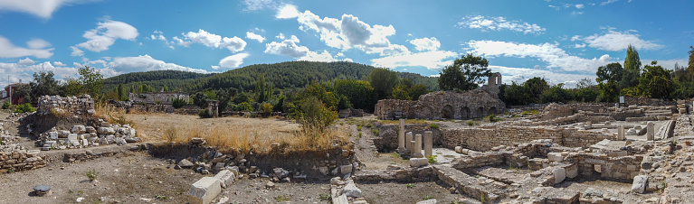 Panoramic view to the ruins of Pergamon acropolis. Pergamon was a rich and powerful ancient Greek city in Mysia.