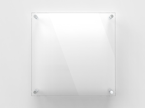 Square Transparent glass nameplate plate on spacer metal holders. Clear printing board for branding. Acrilic advertising signboard on white background mock-up front view. 3D illustration