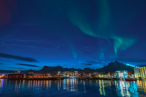 Northern Lights over Svolvaer in the Lofoten in Northern Norway. Svolvaer is an important fishing port, but is becoming more and more a tourist town during summer and winter.