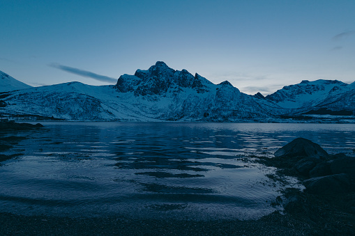 View in a fjord in the Lofoten archipel in Northen Norway during winter