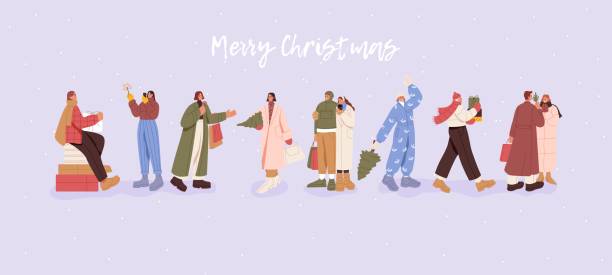 크리스마스 선물, 전나무, 상자, 가방을 들고 행복한 사람들, 즐거운 겨울 휴가를 준비. 12월에는 청소년, 여성, 커플이 12월 에 있습니다. 컬러 플랫 벡터 일러스트레이션 - new years eve christmas paper christmas fir tree stock illustrations