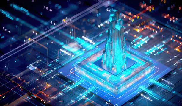 Photo of 3D rendering of cyberpunk AI. Circuit board. Technology background. Central Computer Processors CPU and GPU concept. Motherboard digital chip. Tech science background. Integrated communication processor.