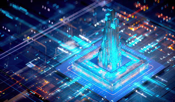 3d rendering of cyberpunk ai. circuit board. technology background. central computer processors cpu and gpu concept. motherboard digital chip. tech science background. integrated communication processor. - circuit board abstract boarding technology imagens e fotografias de stock