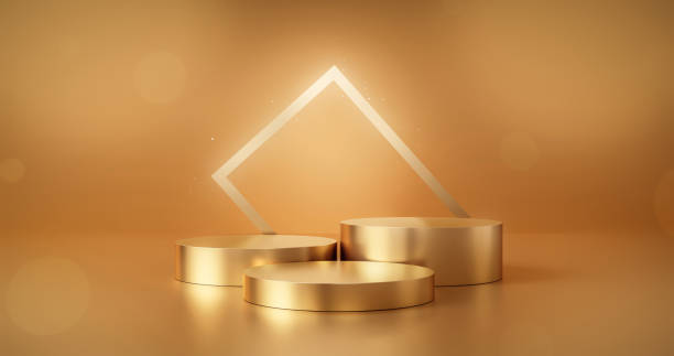Gold podium product advertising stage background platform or empty luxury pedestal exhibition scene and blank template design stand on golden presentation studio display backdrop showcase. 3D render.