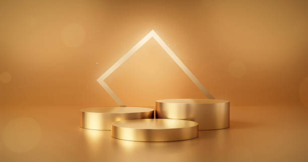 Gold podium product advertising stage background platform or empty luxury pedestal exhibition scene and blank template design stand on golden presentation studio display backdrop showcase. 3D render. Gold podium product advertising stage background platform or empty luxury pedestal exhibition scene and blank template design stand on golden presentation studio display backdrop showcase. 3D render. gold podium stock pictures, royalty-free photos & images