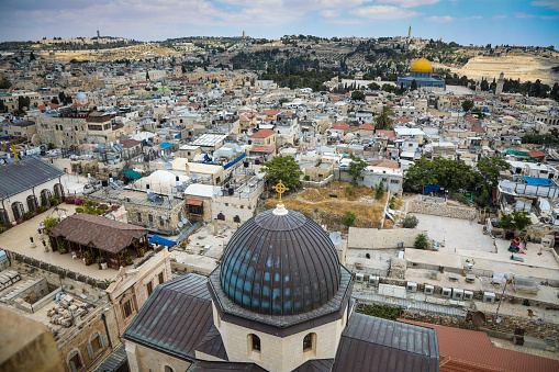 Jerusalem, Israel - August 12, 2022: View of al Aqsa Mosque , Temple Mount, Dome of Rock and old city of Jerusalem from the Jewish cemetery in Mount of Olives in Israel Palestine