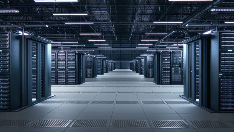 Modern Data Technology Center Server Racks Working in Well-Lighted Room. Concept of Internet of Things, Big Data Protection, Storage, Cryptocurrency Farm, Cloud Computing. 3D Arc Camera Shot.