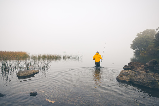 Male wearing cap and a yellow fishing jacket while fly-fishing on a early and misty morning. The fog is just about to evaporate as the warming sun rays break through to warm up the beautiful Furesø, the deepest lake in Denmark. .
