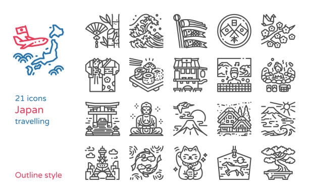 ilustraciones, imágenes clip art, dibujos animados e iconos de stock de conjunto de ilustraciones vectoriales de iconos de viaje de japón - religion symbol buddhism fish