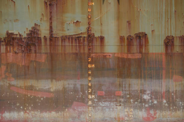 istock Rusty hull of the ship on waterline in water. 1346516357