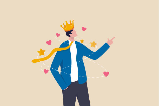 ilustrações de stock, clip art, desenhos animados e ícones de narcissist people, extreme self involvement too much confident disorder, so proud attitude egocentric person, narcissism businessman admire himself and proud of his crown with love and stars around. - charming
