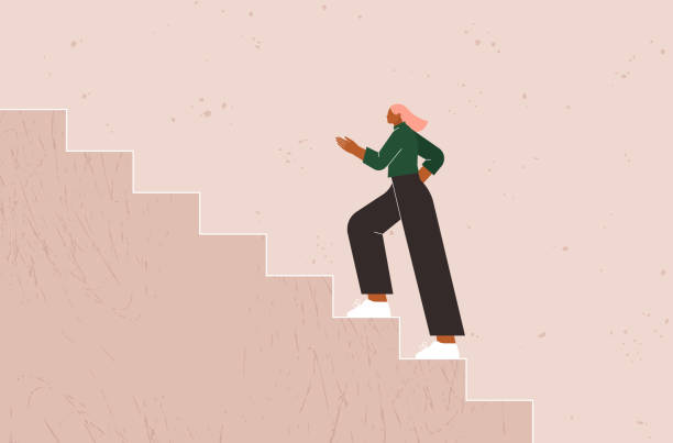 ilustrações de stock, clip art, desenhos animados e ícones de climbing up the stairs. business woman walking on a ladder toward a goal, target. career growth, progress, success concept. person on the staircase steps. rising to the top - escadas