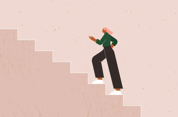 Vector illustration of Climbing up the stairs. Business woman walking on a ladder toward a goal, target. Career growth, progress, success concept. Person on the staircase steps. Rising to the top
