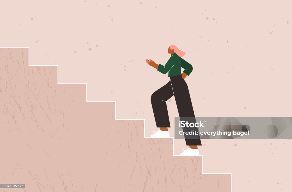 Climbing up the stairs. Business woman walking on a ladder toward a goal, target. Career growth, progress, success concept. Person on the staircase steps. Rising to the top - 免版稅樓梯圖庫向量圖形