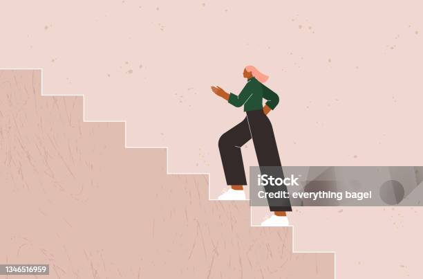 Climbing Up The Stairs Business Woman Walking On A Ladder Toward A Goal Target Career Growth Progress Success Concept Person On The Staircase Steps Rising To The Top向量圖形及更多樓梯圖片