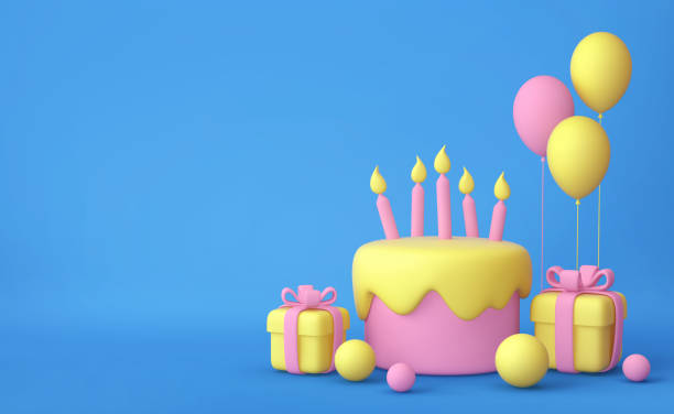 istock Cartoon cake with candles, balloons, gift boxes on blue background 1346518842