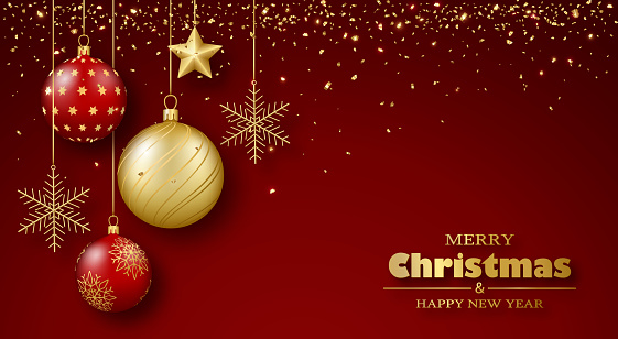 Merry Christmas and Happy New Year greeting card. 3D realistic gold and red glass balls, star and snowflakes on ribbons. Vector illustration.