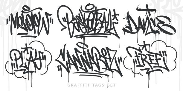 Abstract Handwritten Hip Hop Urban Street Art Graffiti Style Words Vector Illustration Set Abstract Handwritten Hip Hop Urban Street Art Graffiti Style Words Vector Illustration vandalism stock illustrations